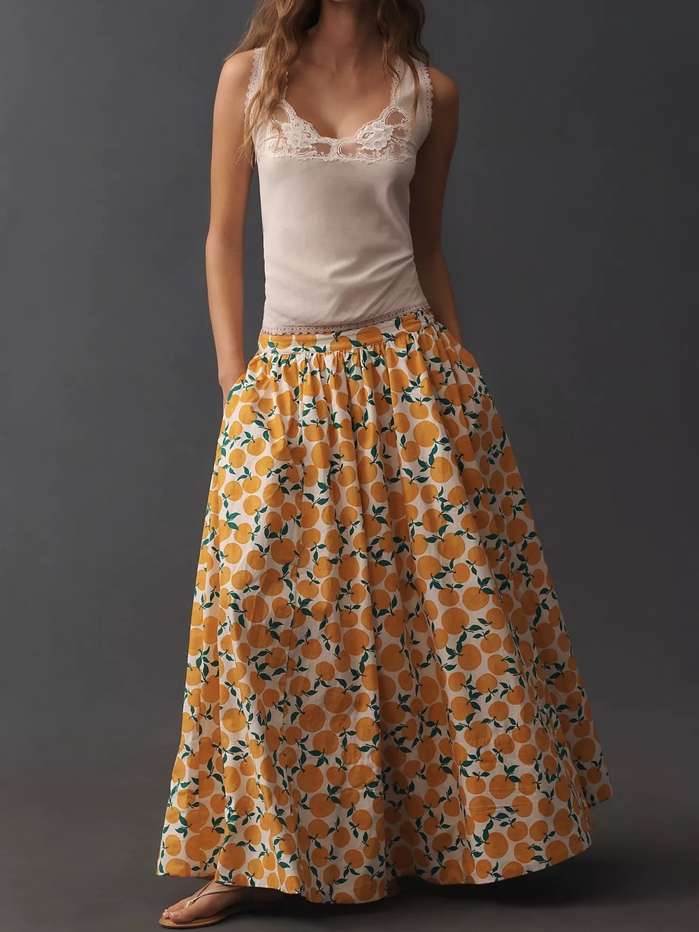 Maeve Jacie Poplin Printed Maxi Skirt w/ Peaches 🍑